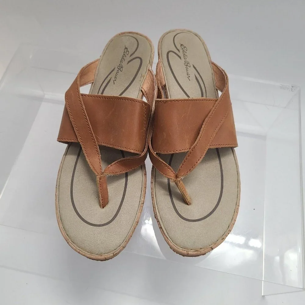 Eddie Bauer Leather Tan Strappy‎ Sandals Cork Wedge Women's US Size 9.5